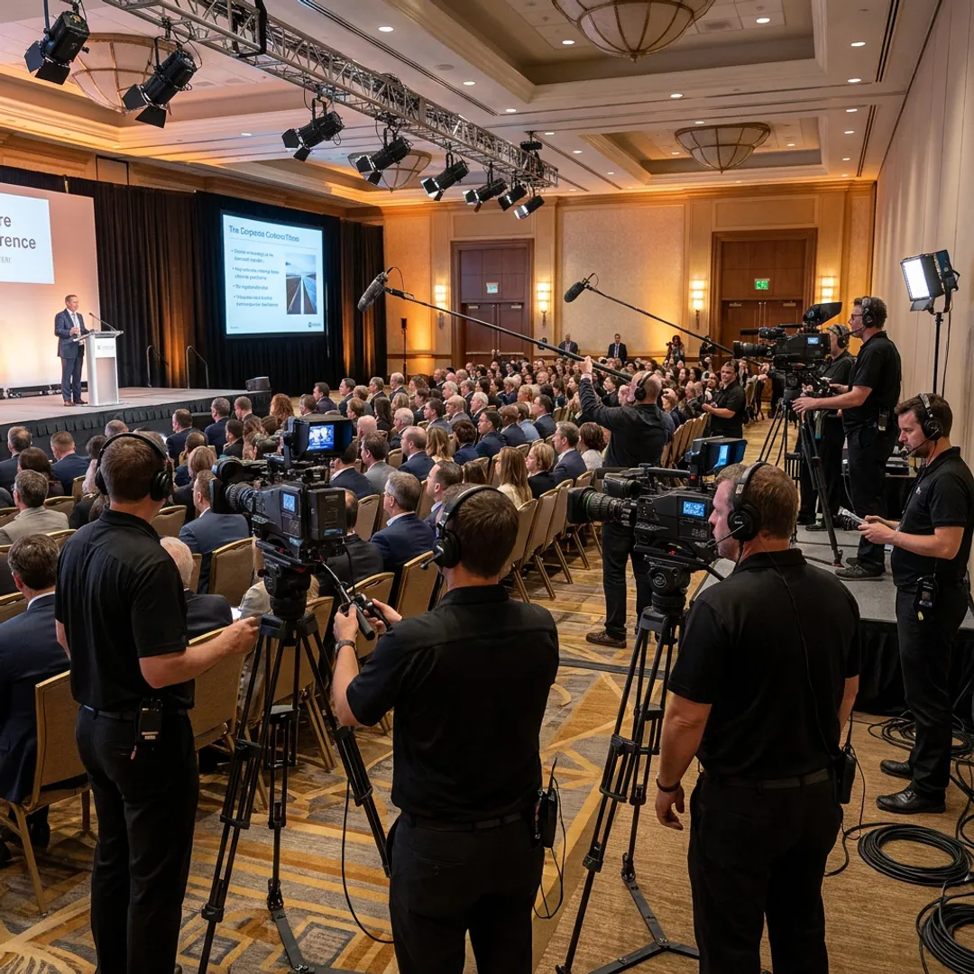 Professional camera crew filming a live corporate event