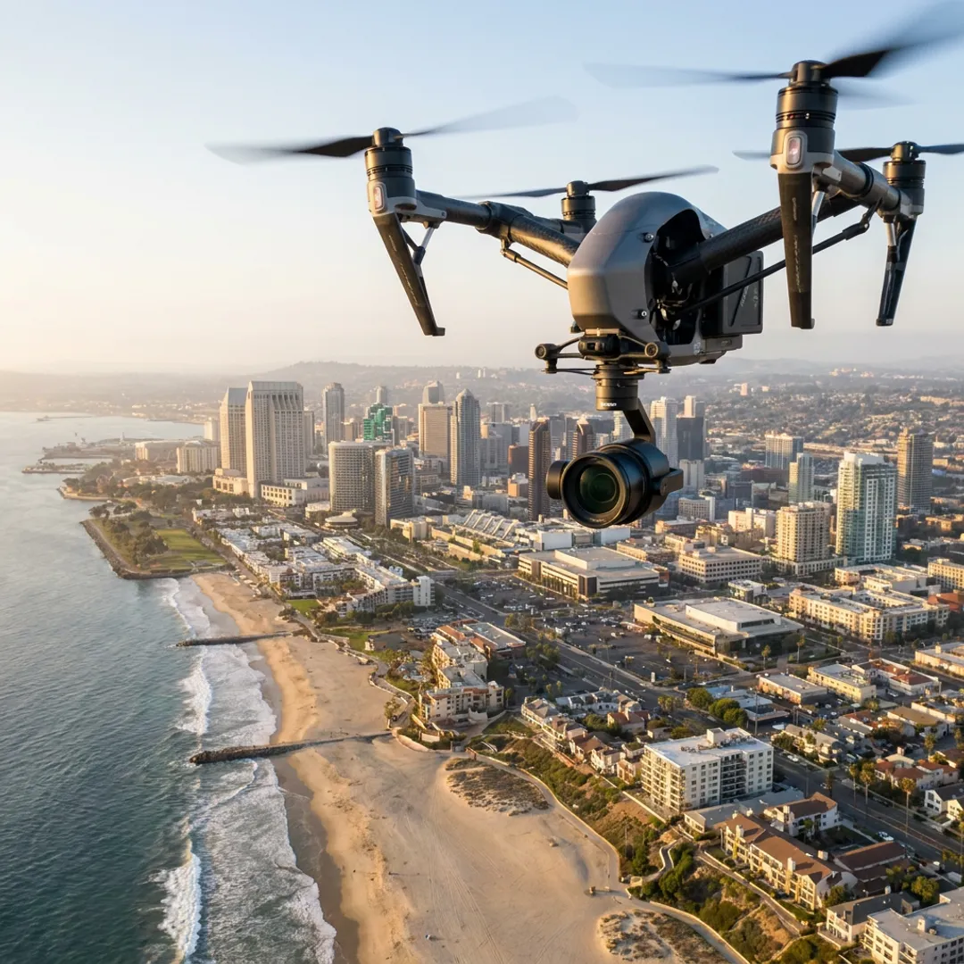 Drone capturing aerial video over San Diego coastline