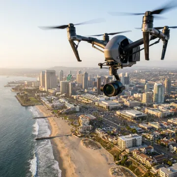 Drone capturing aerial video over San Diego coastline