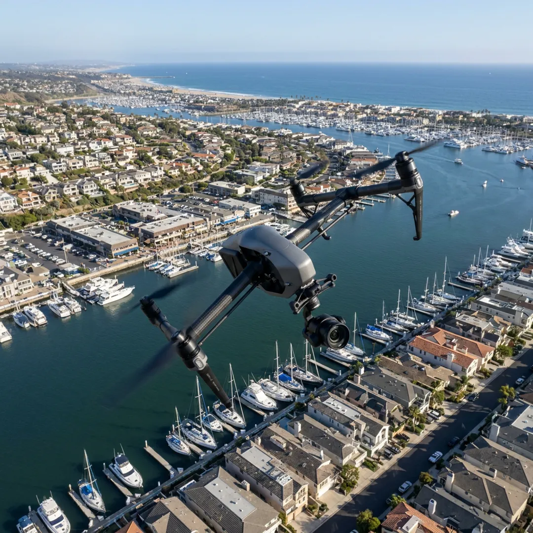 Drone filming aerial video over Newport Beach coastline