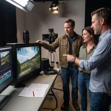 Video production team reviewing brand footage