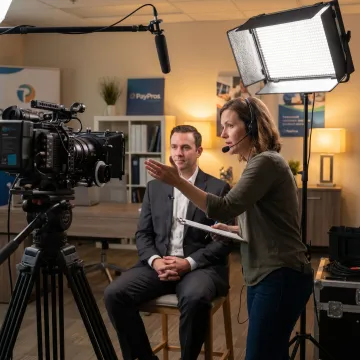 Video producer directing a customer interview
