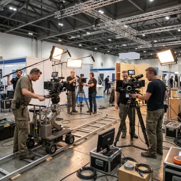 Video crew preparing cameras for trade show filming