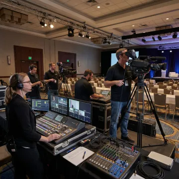 Event production team monitoring cameras and live stream
