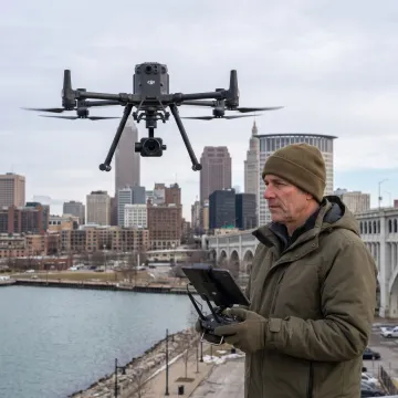 Drone videography over Cleveland skyline