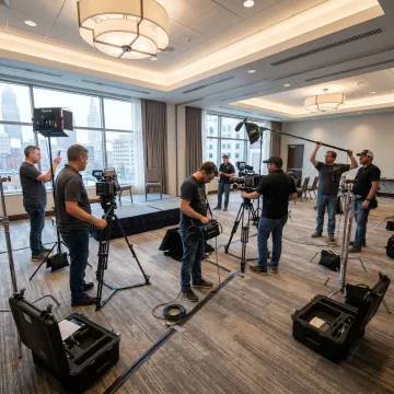 Production crew preparing event cameras and lights