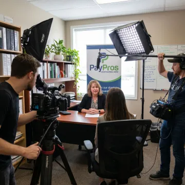 Small business video production crew filming an interview