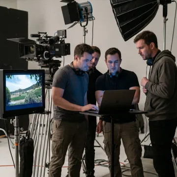 Video production team reviewing footage on set