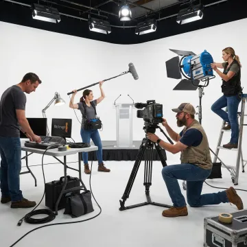 Event video crew preparing cameras and audio