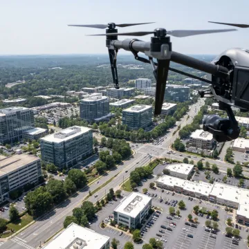 Drone filming aerial video over Alpharetta business district