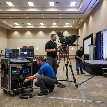 AV crew preparing live event production equipment