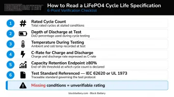 Six-point LiFePO4 datasheet evaluation checklist for verifying manufacturer cycle life claims