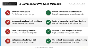 Four common 600Wh battery spec misinterpretations and correct planning guidance infographic