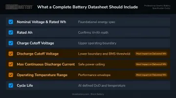 Battery datasheet critical specification checklist with seven key parameters explained