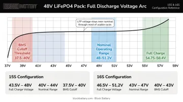 48V LiFePO4 discharge voltage curve showing full charge nominal and cutoff ranges