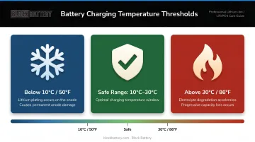 Camera battery temperature damage zones below 10C and above 30C charging thresholds
