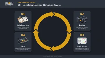 On-set battery rotation and labeling workflow diagram for location film shoots