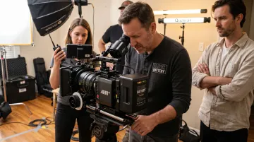 Film production crew operating cinema camera rig with modular battery power system on set