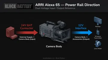 ARRI Alexa 65 dual-voltage rail direction diagram 24V input 12V output