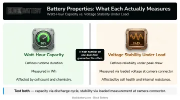Watt-hour capacity versus voltage stability under load comparison infographic for cinema batteries