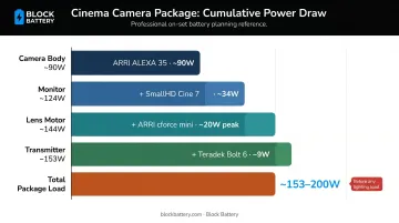 Cinema camera package total power draw breakdown stacked load infographic