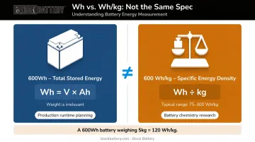 600Wh versus 600 Wh/kg battery specification comparison infographic