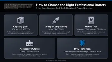 Cinema battery selection guide key specs voltage mount type and BMS protection