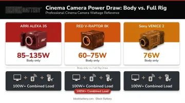 Professional cinema camera power draw comparison ARRI RED Sony wattage specs