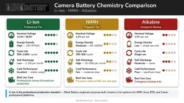 Lithium-ion vs NiMH vs alkaline battery comparison chart for professional cameras