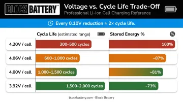 Lithium-ion charge voltage versus cycle life trade-off comparison chart