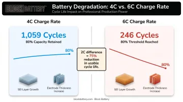 Fast charging C-rate comparison showing cycle life degradation at 4C versus 6C