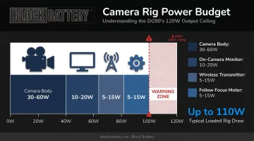 Camera rig power draw breakdown showing accessory watt consumption toward 120W limit