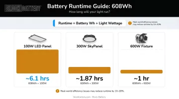 Video light runtime comparison table Wh capacity versus fixture wattage hours