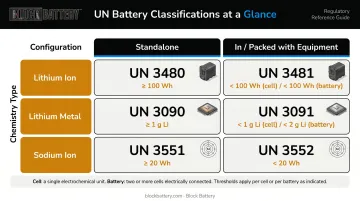 Six UN battery classification numbers organized by chemistry and configuration type