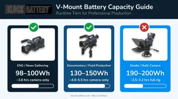 V-mount battery capacity tiers runtime comparison for Sony PMW-500 shoot types