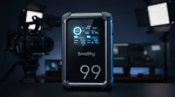 Professional V-mount battery with OLED display showing voltage runtime and current draw