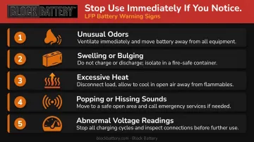 Five LiFePO4 battery warning signs requiring immediate shutdown and inspection
