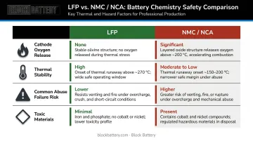 LFP versus NMC NCA lithium battery safety comparison infographic four factors