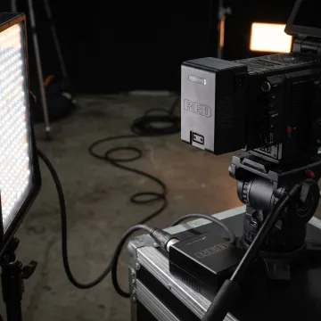 Professional lithium battery powering cinema equipment