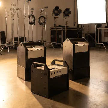 Technician testing USA manufactured cinema batteries