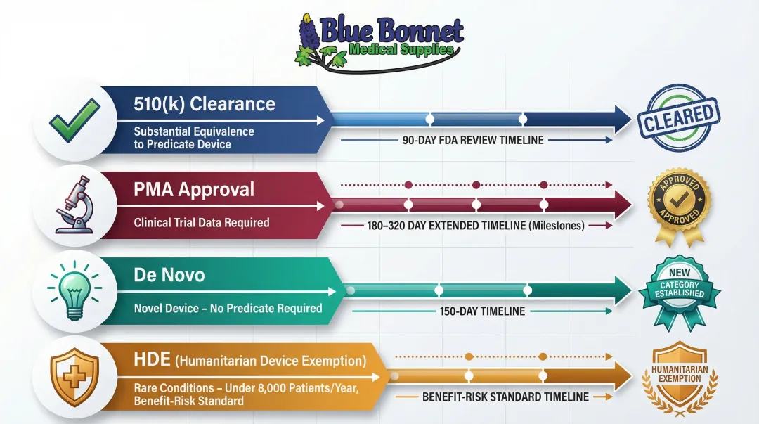 Four FDA medical device regulatory pathways to market clearance and approval compared