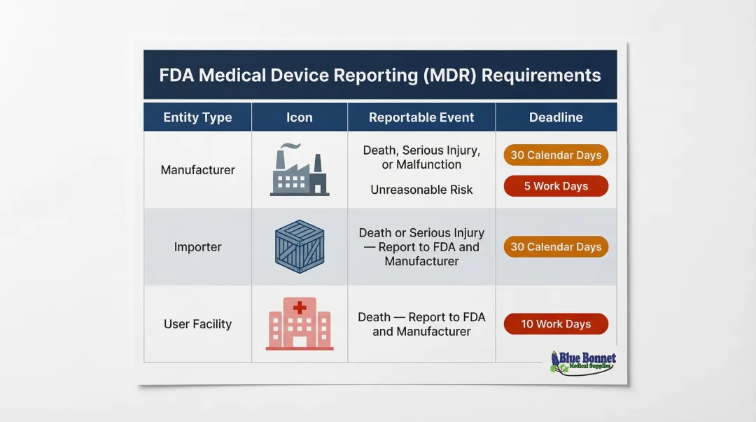FDA medical device reporting MDR deadlines by entity type and event severity