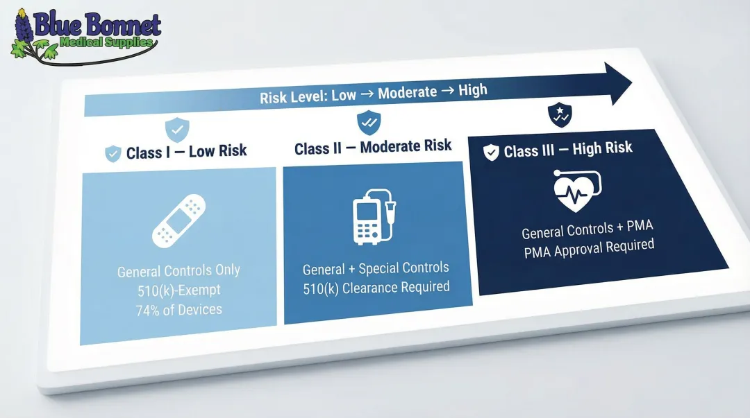 Three FDA medical device classification tiers risk levels controls and regulatory pathways