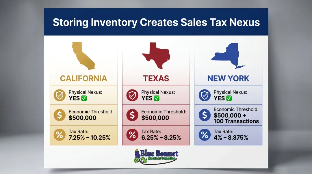 Sales tax nexus comparison chart for California Texas and New York warehouse states