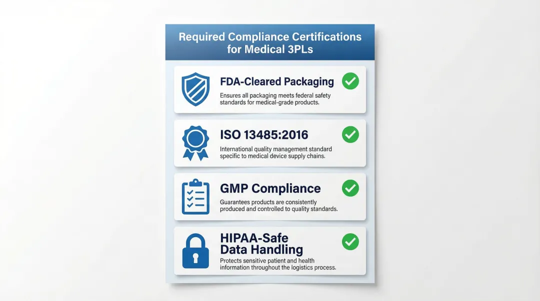 Four essential medical 3PL compliance certifications checklist infographic