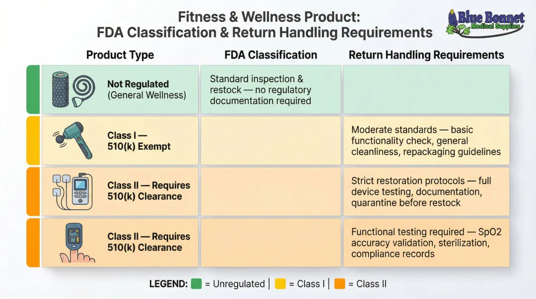 FDA product classification map showing return handling requirements by device type