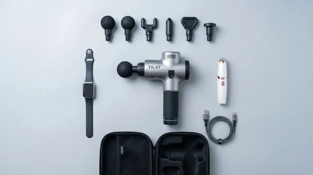 Personal use wellness devices including massage gun and wearable fitness tracker on surface