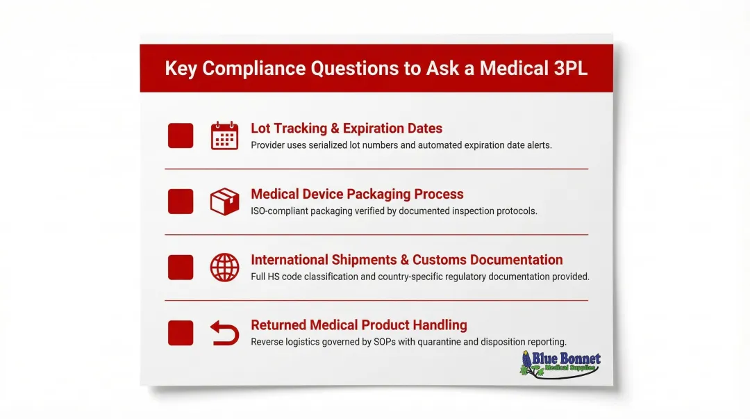 Medical 3PL compliance evaluation checklist covering lot tracking labeling customs and returns