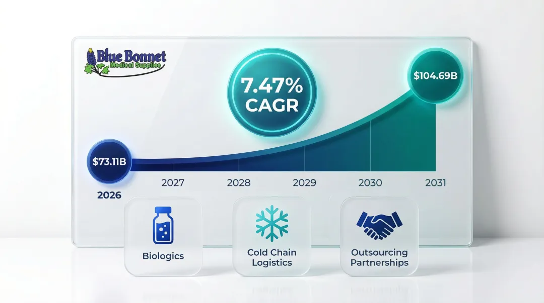 Pharmaceutical logistics market growth from 73 billion to 104 billion dollars 2026 to 2031