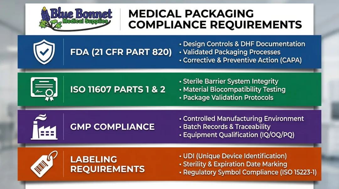 Medical packaging regulatory compliance checklist FDA ISO 11607 GMP labeling requirements